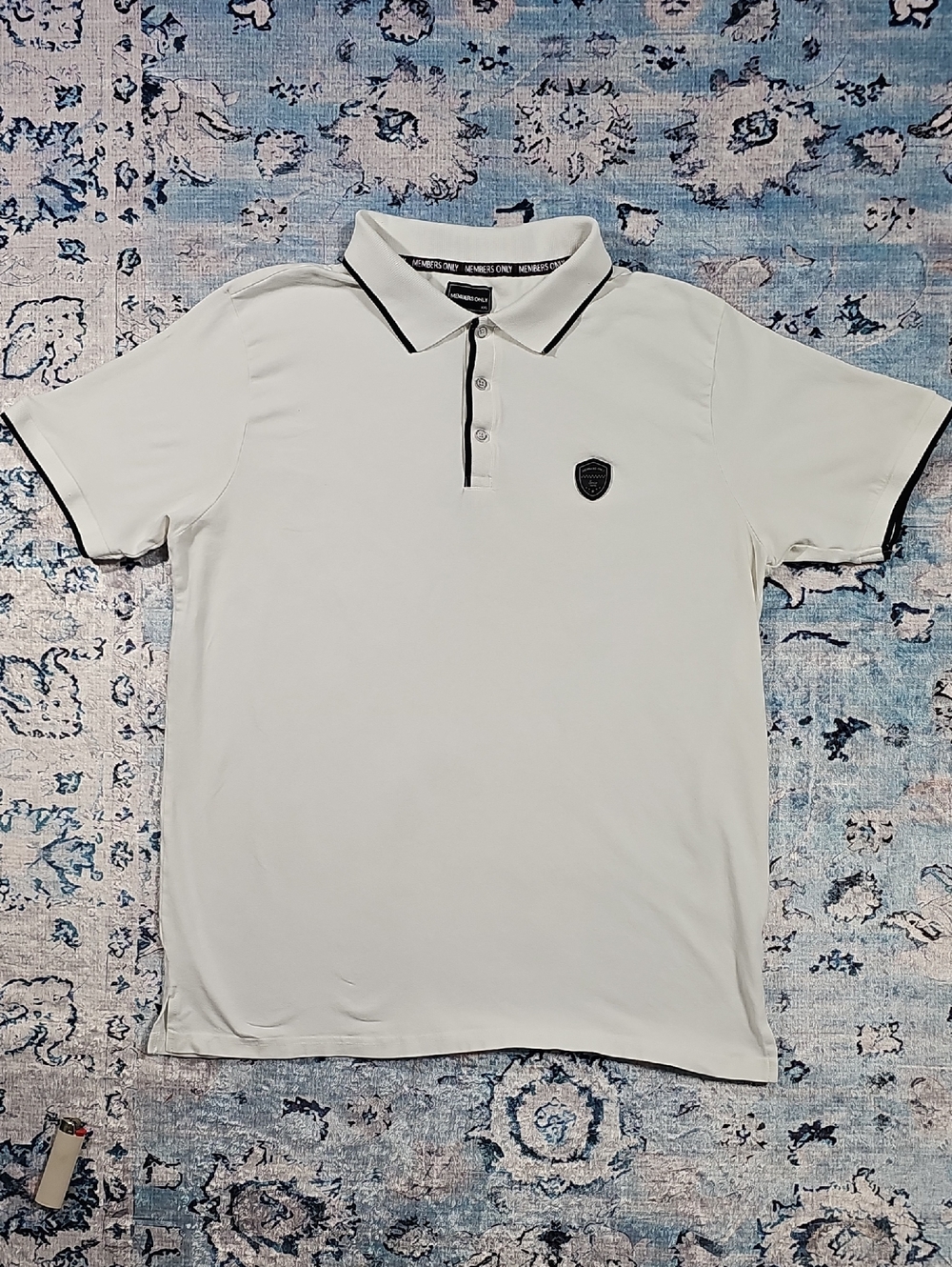 Members Only Mens XXL White Short Sleeve Polo Shirt Black Trim Shield Logo Patch